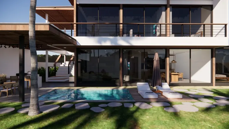 Visualisasi 3D vila dengan kolam renang, kursi santai dan taman