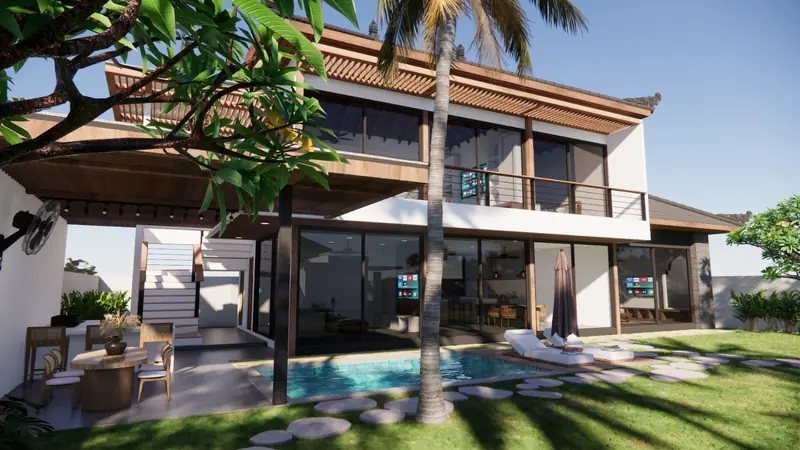Visualisasi 3D salah satu vila di Kutuh: dua lantai, kolam renang dan taman