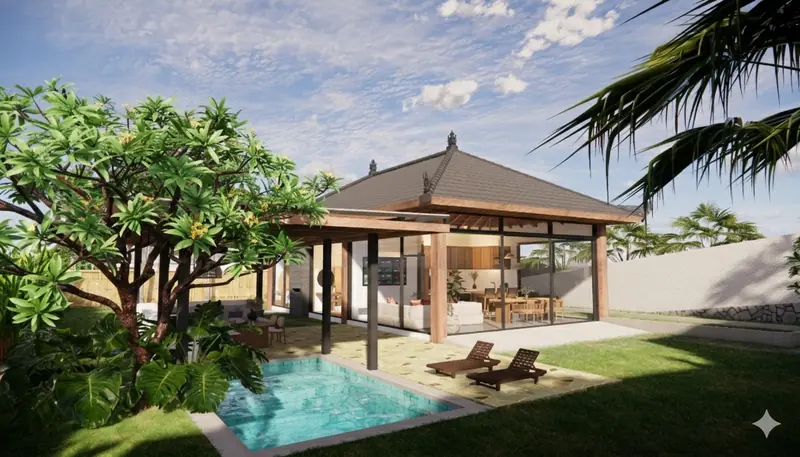 Visualisasi 3D vila bergaya Bali dengan kolam renang di Kutuh